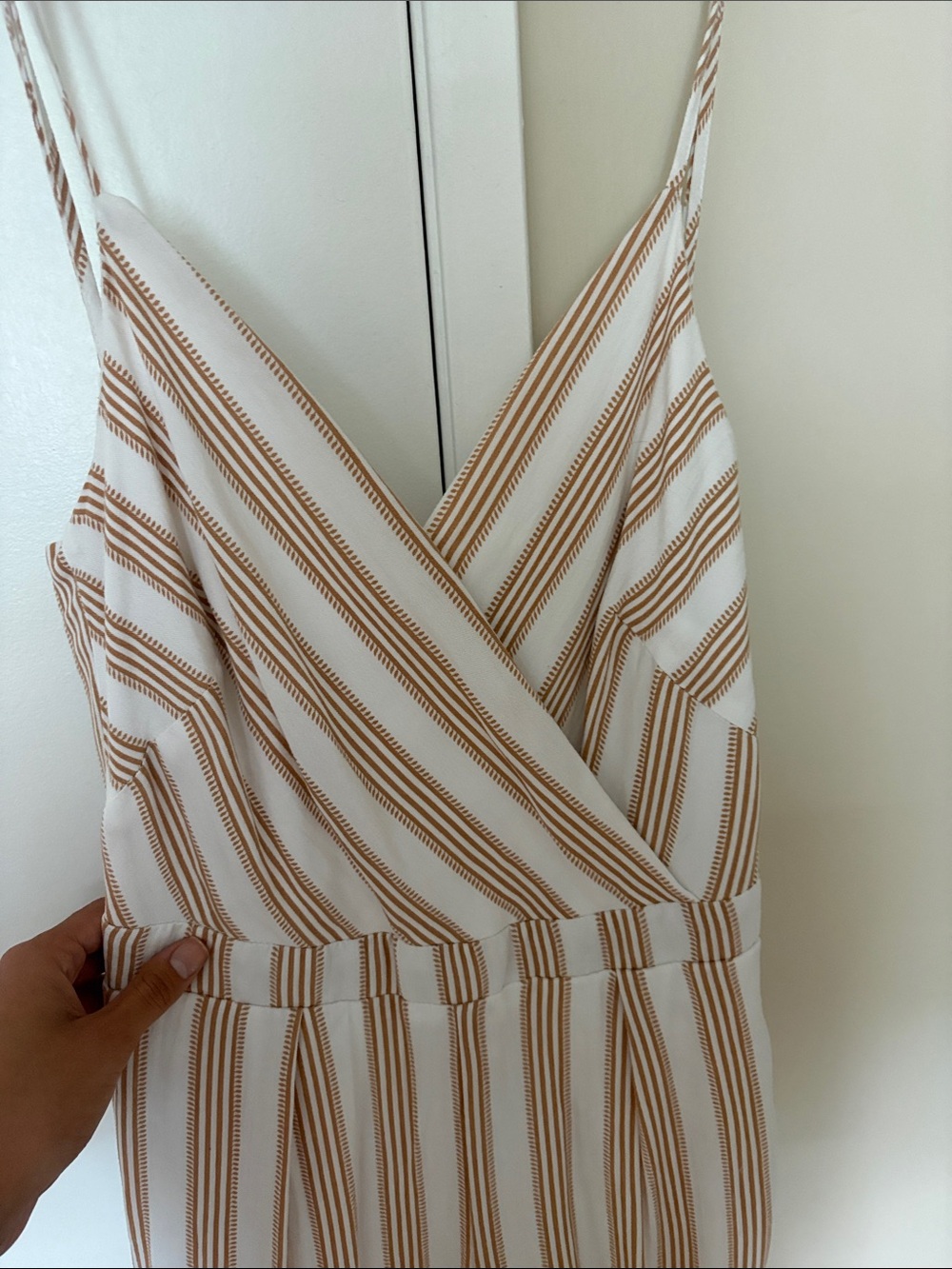 Dex Striped Spaghetti Strap Jumpsuit in White and Tan - Picture 6 of 7